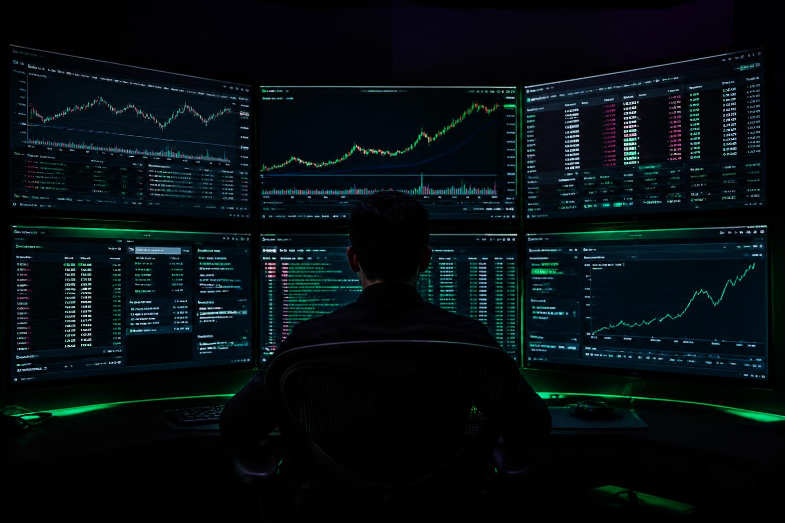 Trader at multi-monitor workstation with neon green charts