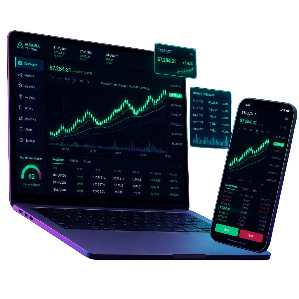 Laptop and phone showing live prop trading dashboards